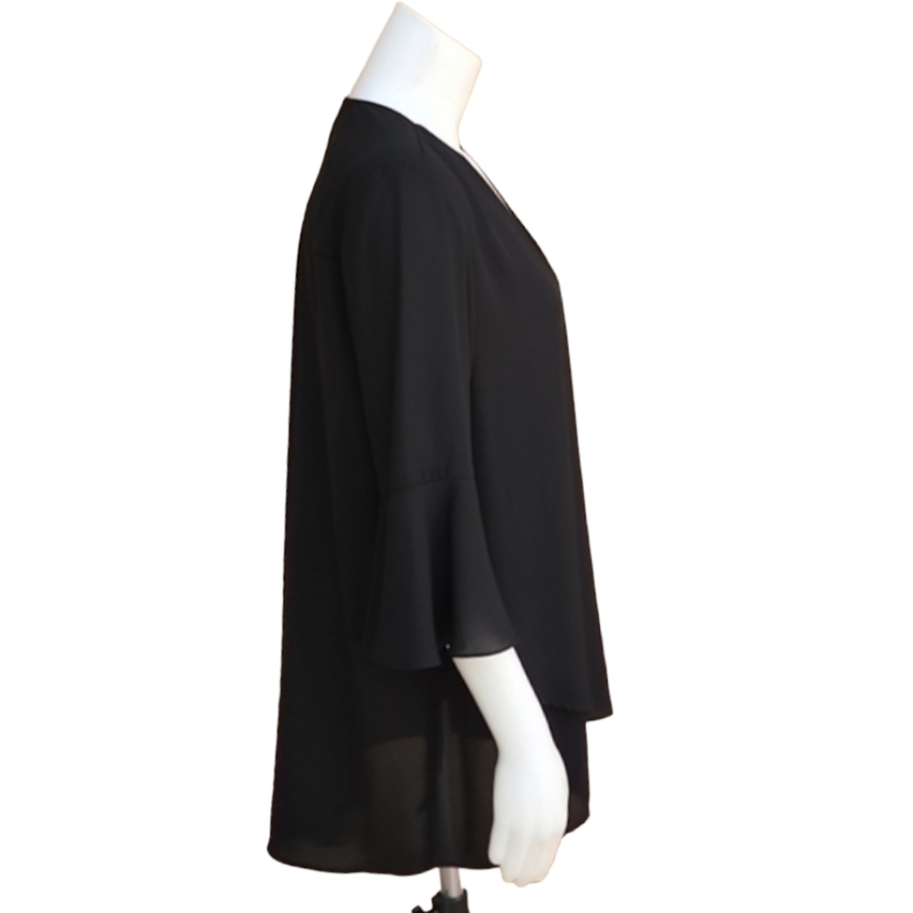 KAREN KANE Black Chiffon Blouse M Crossover Hem Ruffle Bell Sleeve Top - Picture 7 of 16